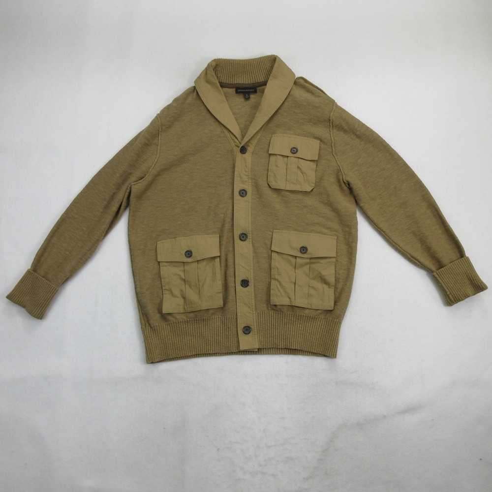 Banana Republic Men's Sweater XL Cardigan Safari Shawl Collar Button Cotton Tan
